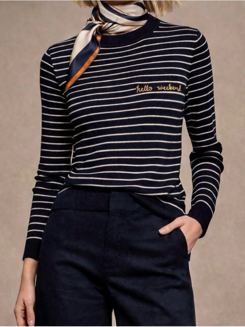 Banana Republic Navy and Cream Striped Crewneck Sweater